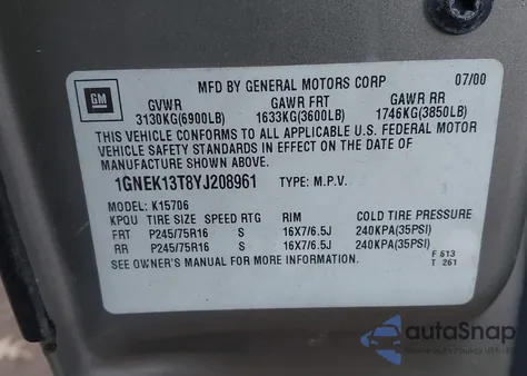 2000 Chevrolet Tahoe All New Ls z USA, uszkodzony, nr VIN 1GNEK13T8YJ208961